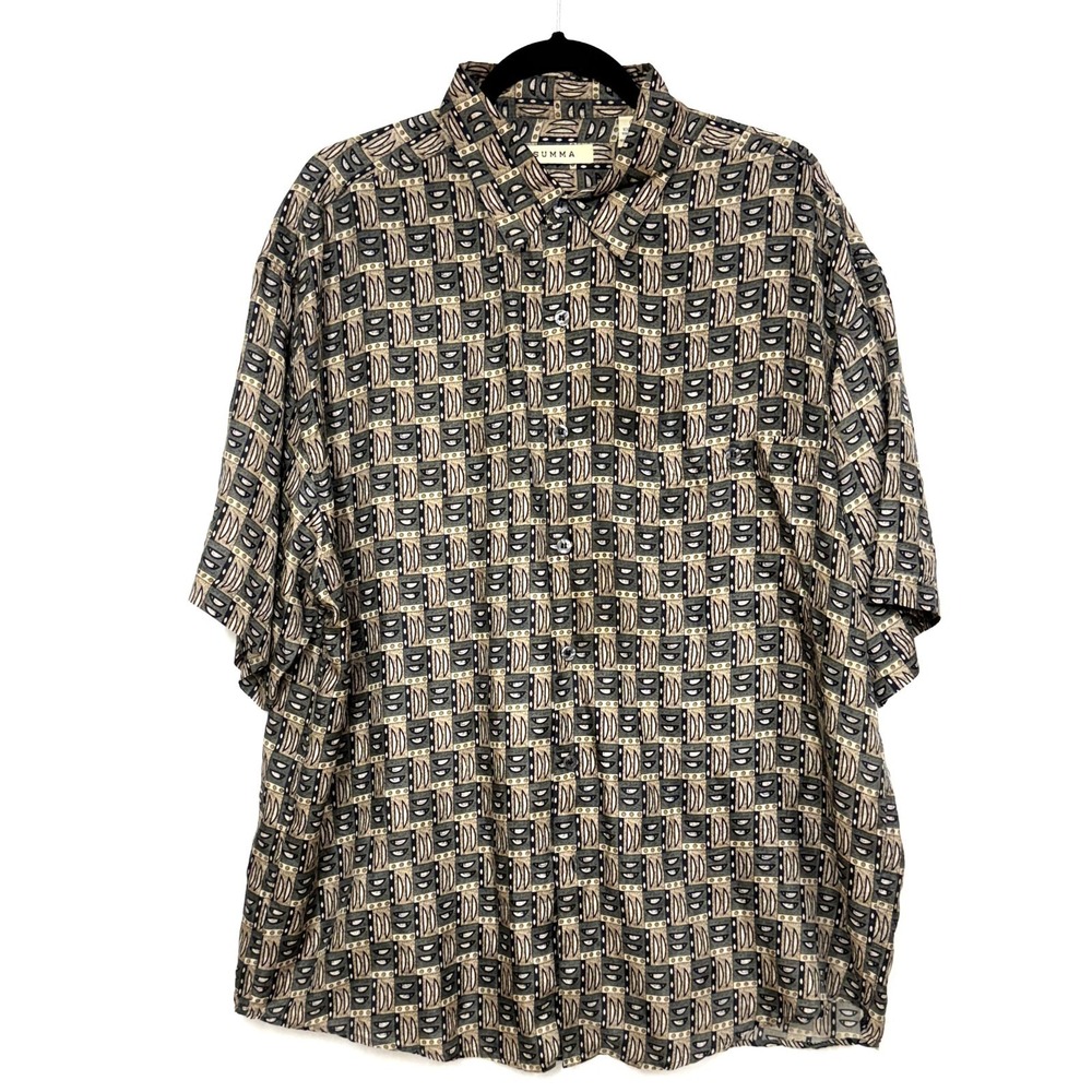 Vintage Summa Men's Silk Shirt, Sz Large, Geometric Mosaic Pattern Short Sleeve